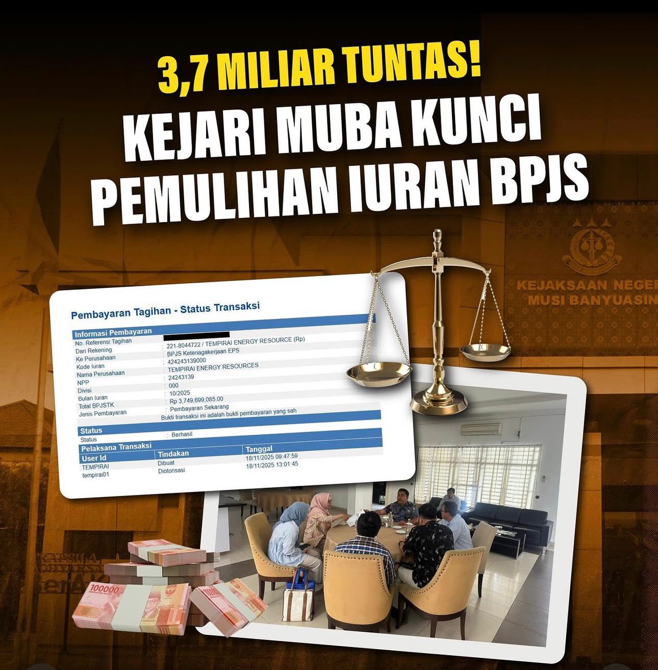 3,7 Miliar Tuntas! Kejari Muba Berhasil Pulihkan Iuran BPJS Ketenagakerjaan PT Tempirai Energy Resources